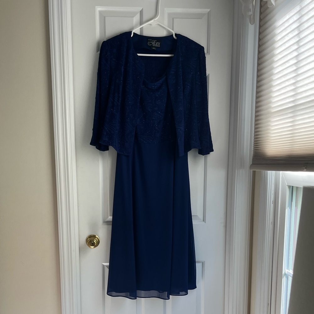 Alex Evenings Elegant Blue Dress with Cape Overlay